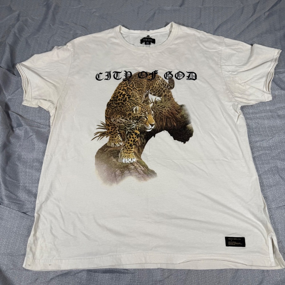 AKOO T-Shirt Mens 3XL Cream City of God Leopard Graphic Streetwear Tee